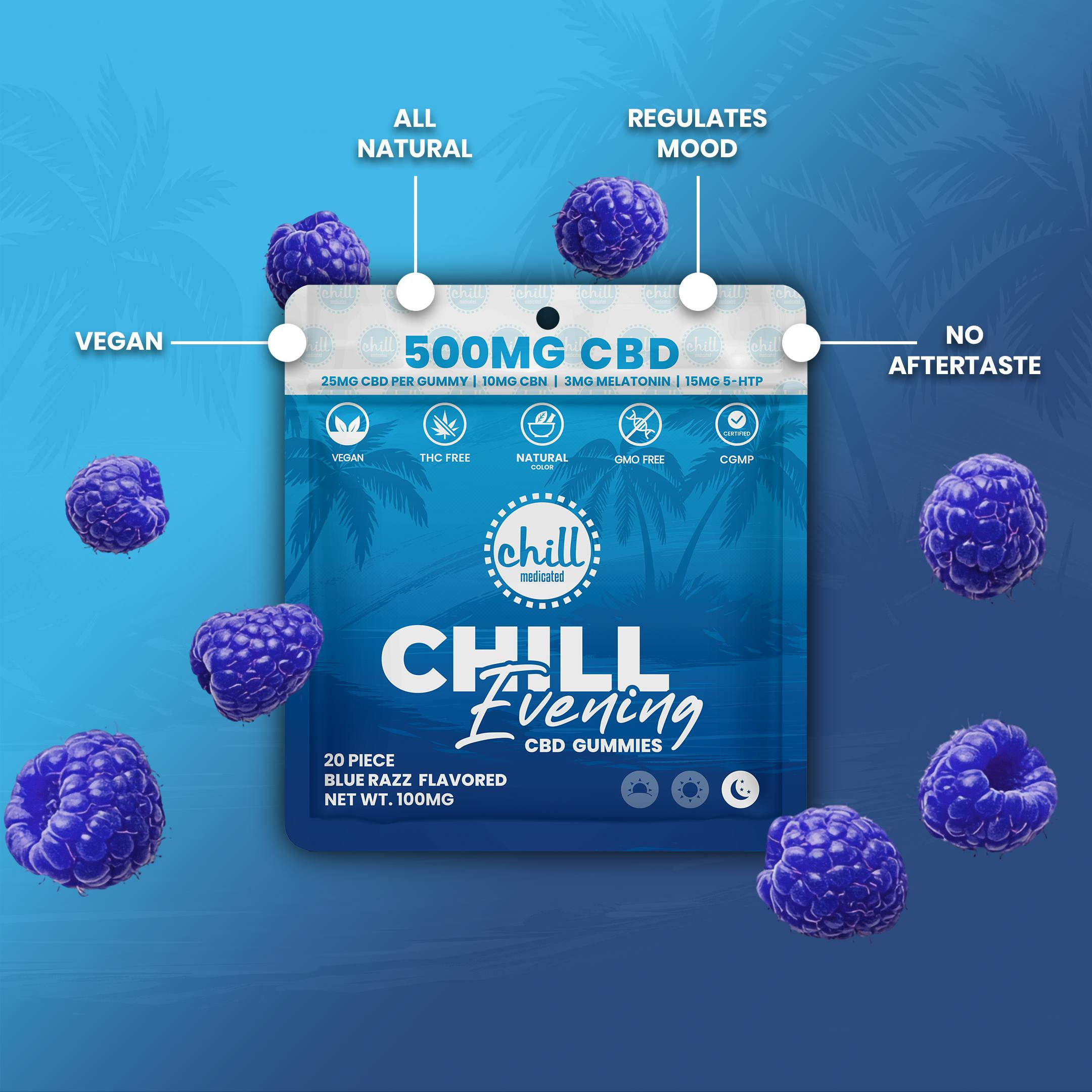 Chill Medicated - 500mg CBD I Blue Razz CBD Gummies I Evening - 1