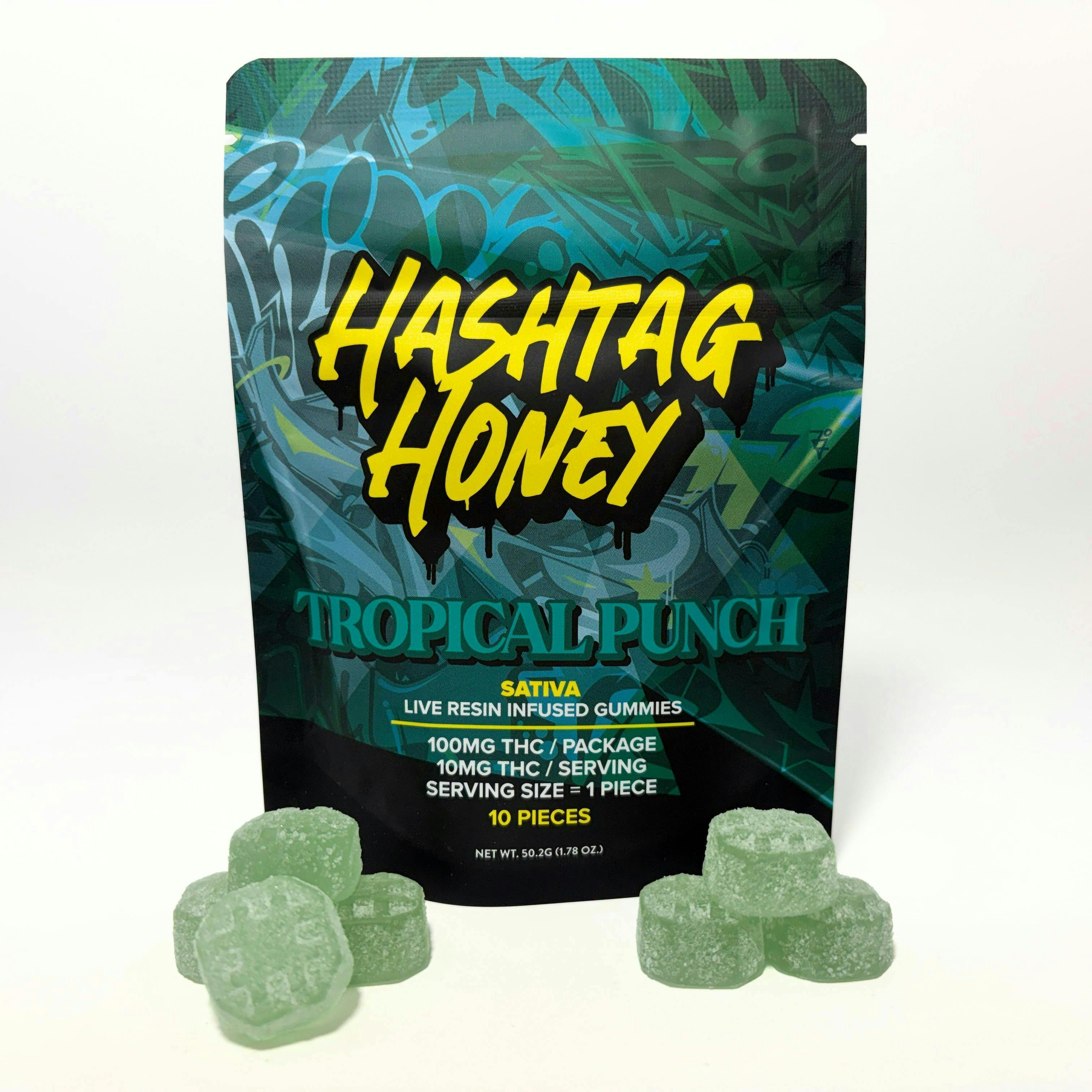 はちみつです₊⁎⁺˳✧༚ Hashtag Honey | Tropical Punch Live Resin Gummies | 100mg | 10ct