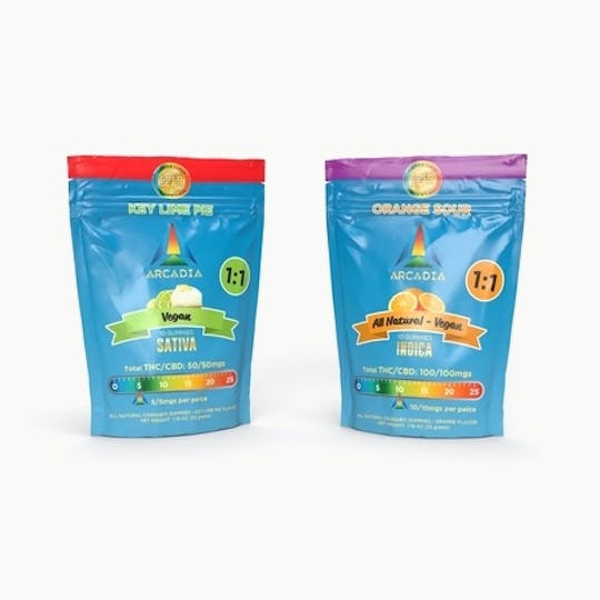 Arcadia Brands - 1:1 CBD/THC - Vegan 10 pack 100/100mgs - Indica - 1