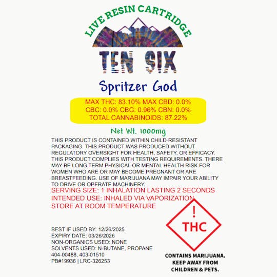 Ten Six Labs - Live Resin Cartridge | 1000mg | Spritzer God - 1