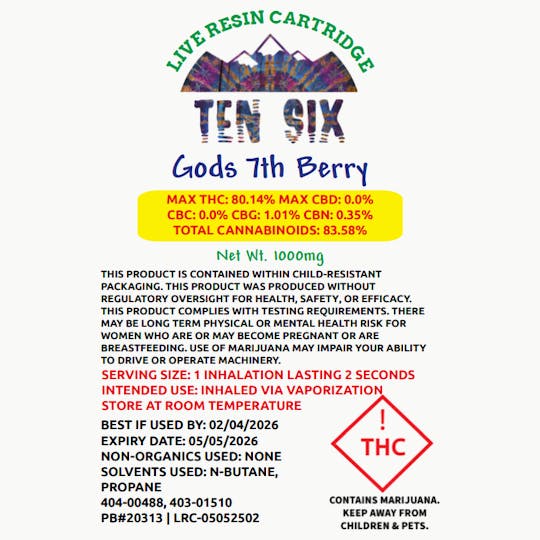 Ten Six Labs - Live Resin Cartridge | 1000mg | Gods 7th Berry - 1