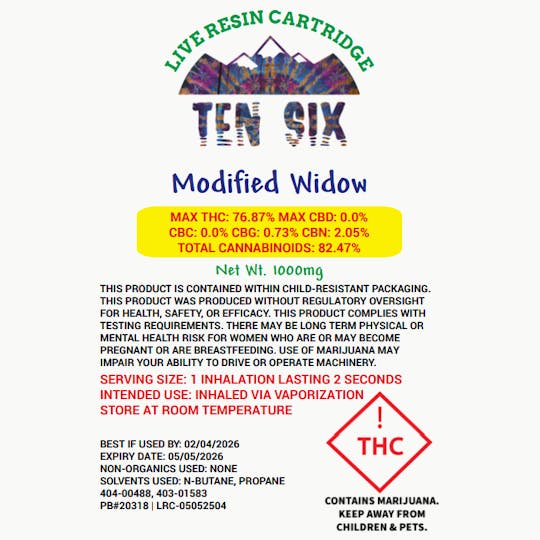 Ten Six Labs - Live Resin Cartridge | 1000mg | Modified Widow - 1