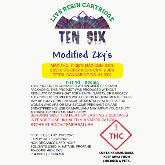 Ten Six Labs - Live Resin Cartridge | 1000mg | Modified Zky's - 1