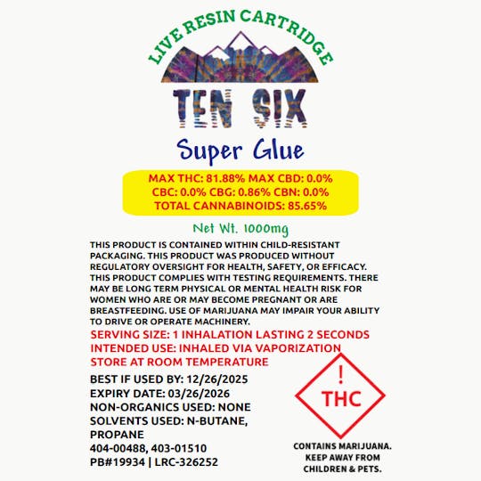 Ten Six Labs - Live Resin Cartridge | 1000mg | Super Glue - 1
