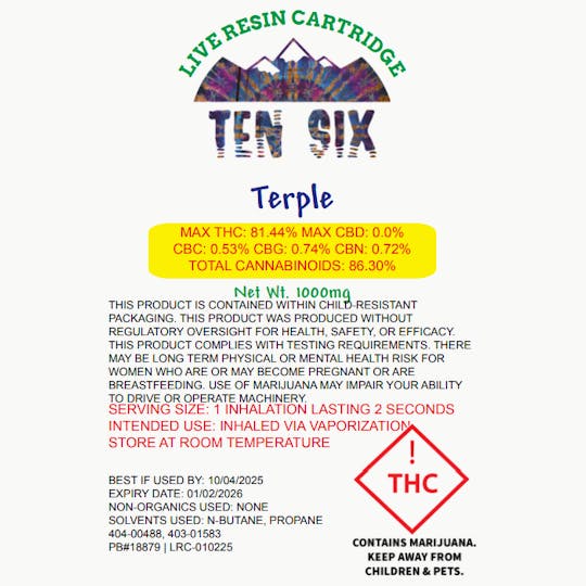 Ten Six Labs - Live Resin Cartridge | 1000mg | Terple - 1