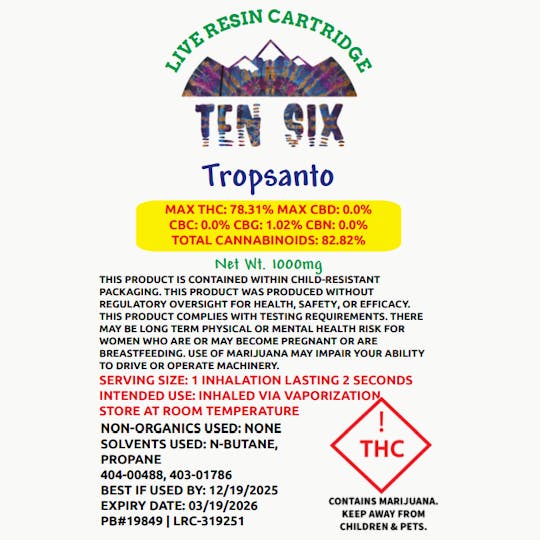 Ten Six Labs - Live Resin Cartridge | 1000mg | Tropsanto - 1