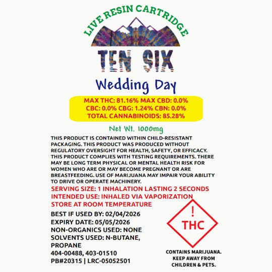 Ten Six Labs - Live Resin Cartridge | 1000mg | Wedding Day - 1