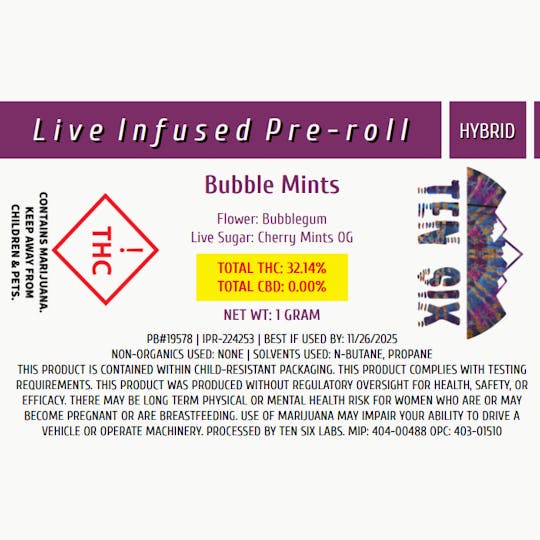 Ten Six Labs - LIVE Infused Pre-roll | Hybrid | Bubble Mints - 1