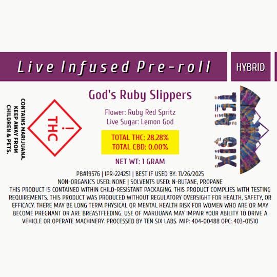Ten Six Labs - LIVE Infused Pre-roll | Hybrid | God's Ruby Slippers - 1