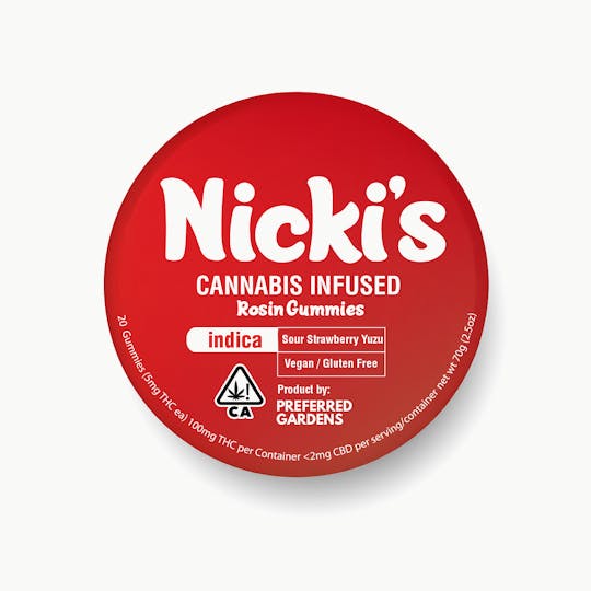 Preferred Gardens - Nickis Sour Strawberry Yuzu Rosin Indica Gummies 100mg - 1