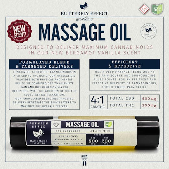 Butterfly Effect - Grow Ohio - 4:1 Bergamot Vanilla Massage Oil (CBD:THC) - 1