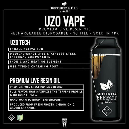 Butterfly Effect - Grow Ohio - Black Jack - 1g LR UZO Disposable - 1