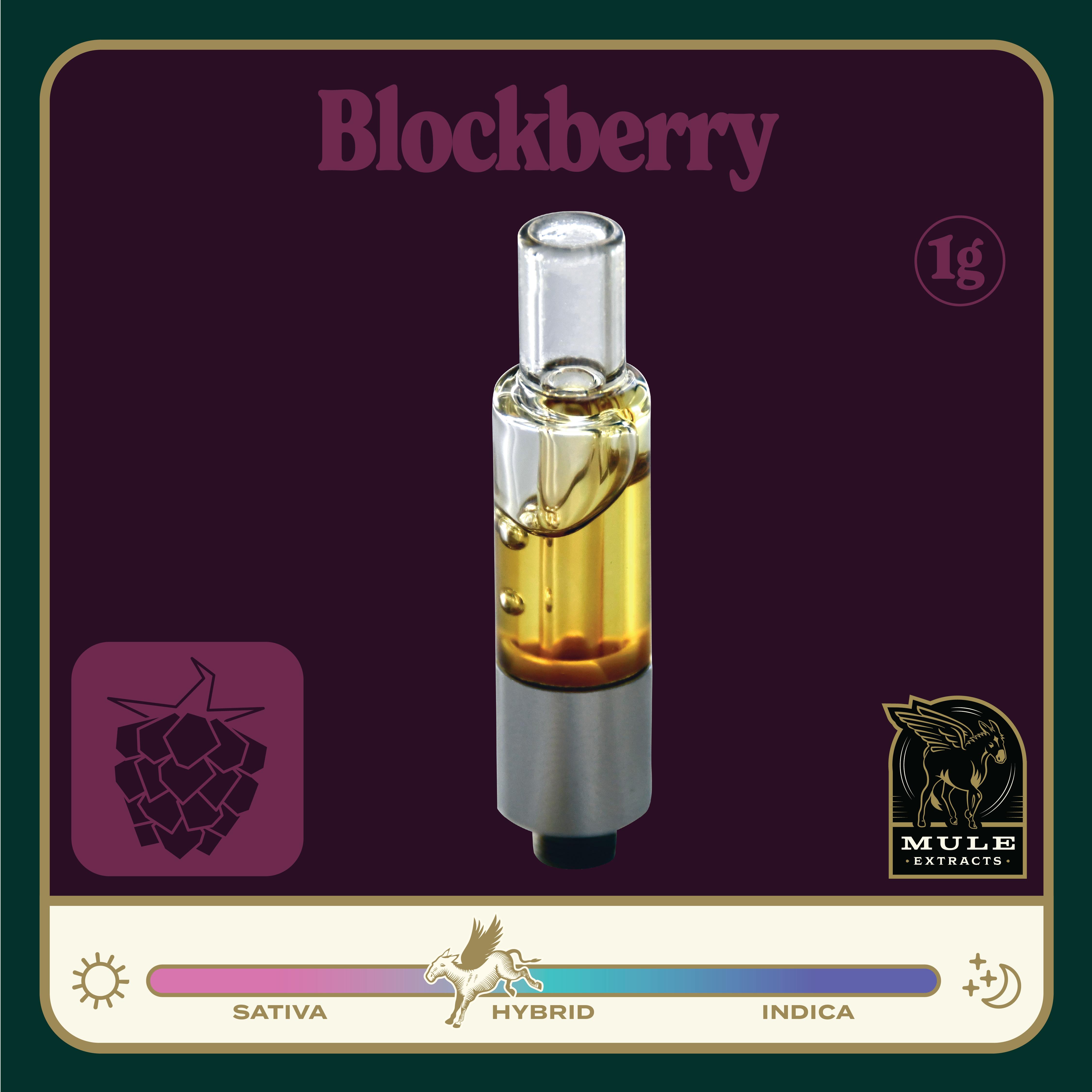 Mule Extracts - 1g Pure Live Resin Glass Cart - Blockberry 88.7% (Hybrid) 5.6% Terps - 1