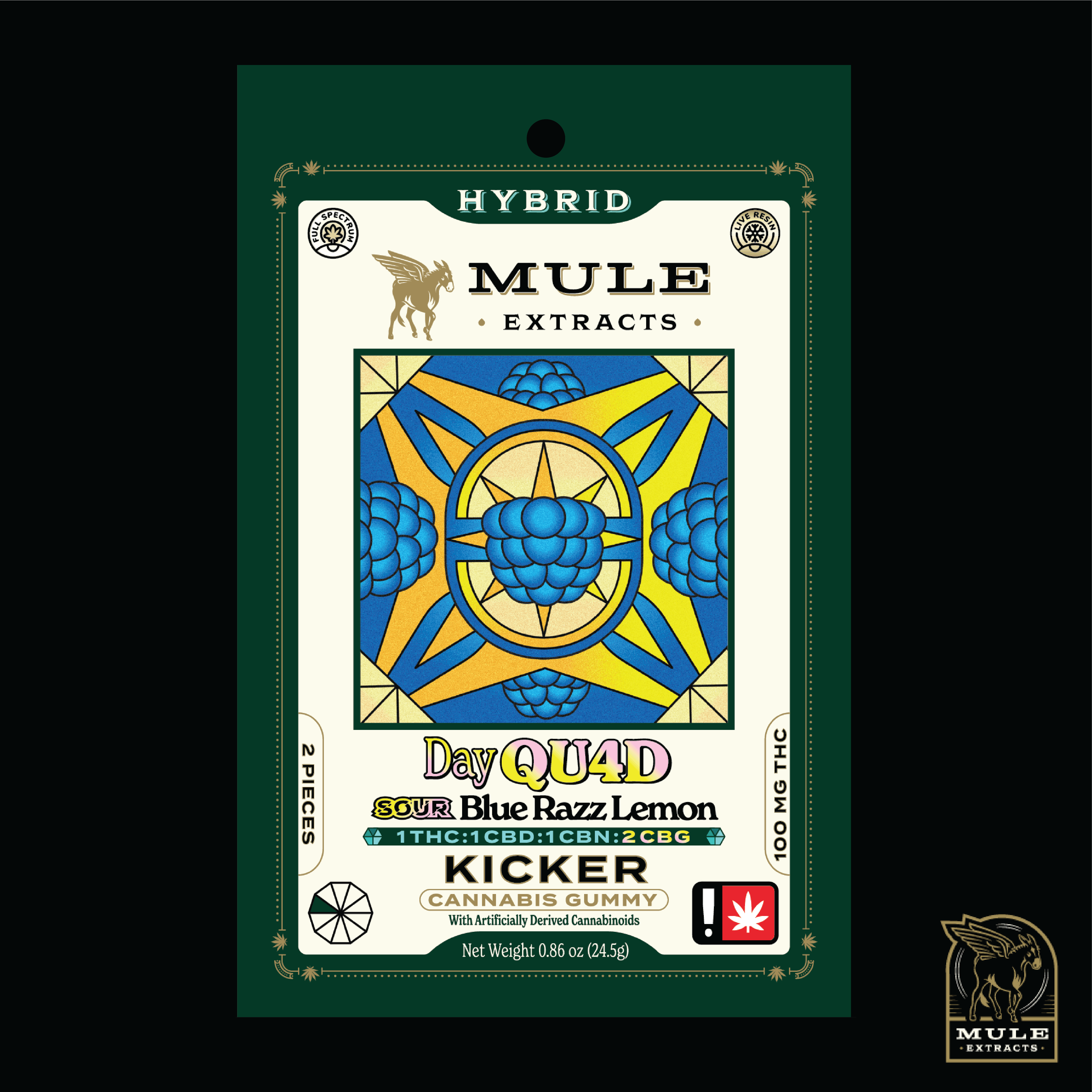 Mule Extracts - 100mg 2-Piece Sour Blue Razz Lemon "Day Quad" 1:1:1:2 Kicker - 1