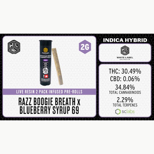 White Label Extracts - WLE | Razz Boogie Breath x Blueberry Syrup 69 | Infused Pre-Roll (1g) 2PK - 1