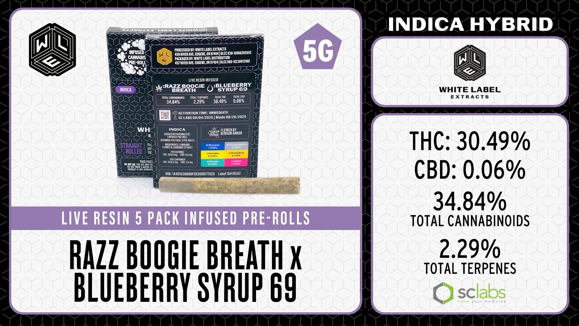 White Label Extracts - WLE | Razz Boogie Breath x Blueberry Syrup 69 | Infused Pre-Roll (1g) 5PK - 1