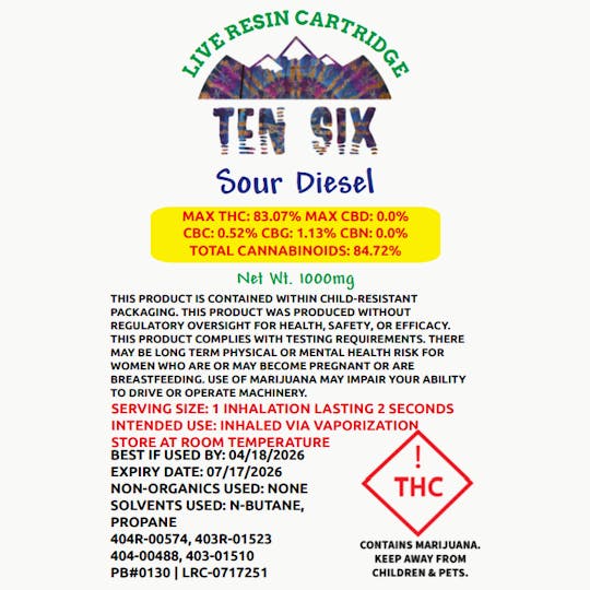Ten Six Labs - Sour Diesel - 1000mg Live Resin Cartridge - 1