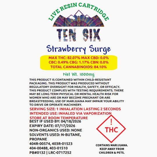 Ten Six Labs - Strawberry Surge - 1000mg Live Resin Cartridge - 1