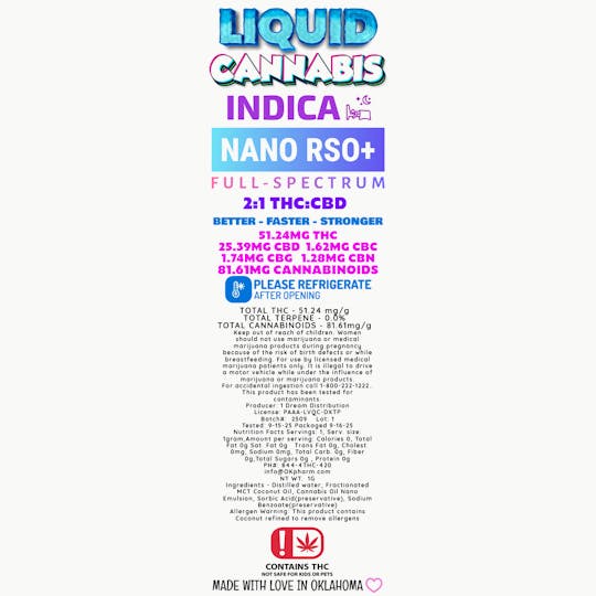 1 Dream Distribution - LIQUID CANNABIS - NANO RSO+ 3g syringe - 2:1 THC/CBD - 1