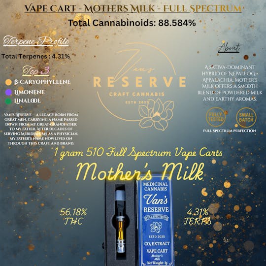 Vans Reserve Craft Cannabis Co - 1g 510 Cart - Mother's Milk - 1
