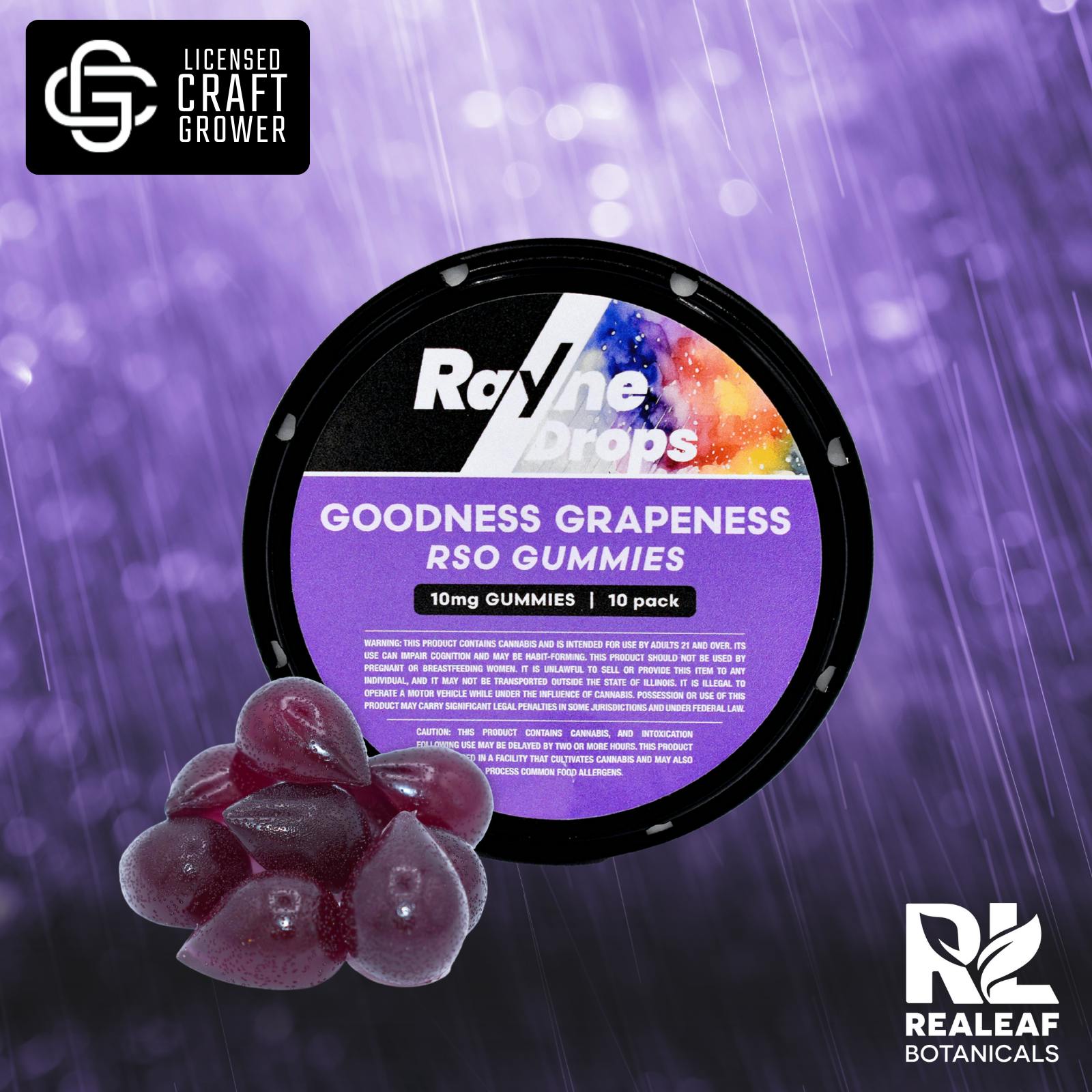 Realeaf Botanicals - Rayne Drops RSO Gummies - Goodness Grapeness - 10-Pack - 100mg - 1
