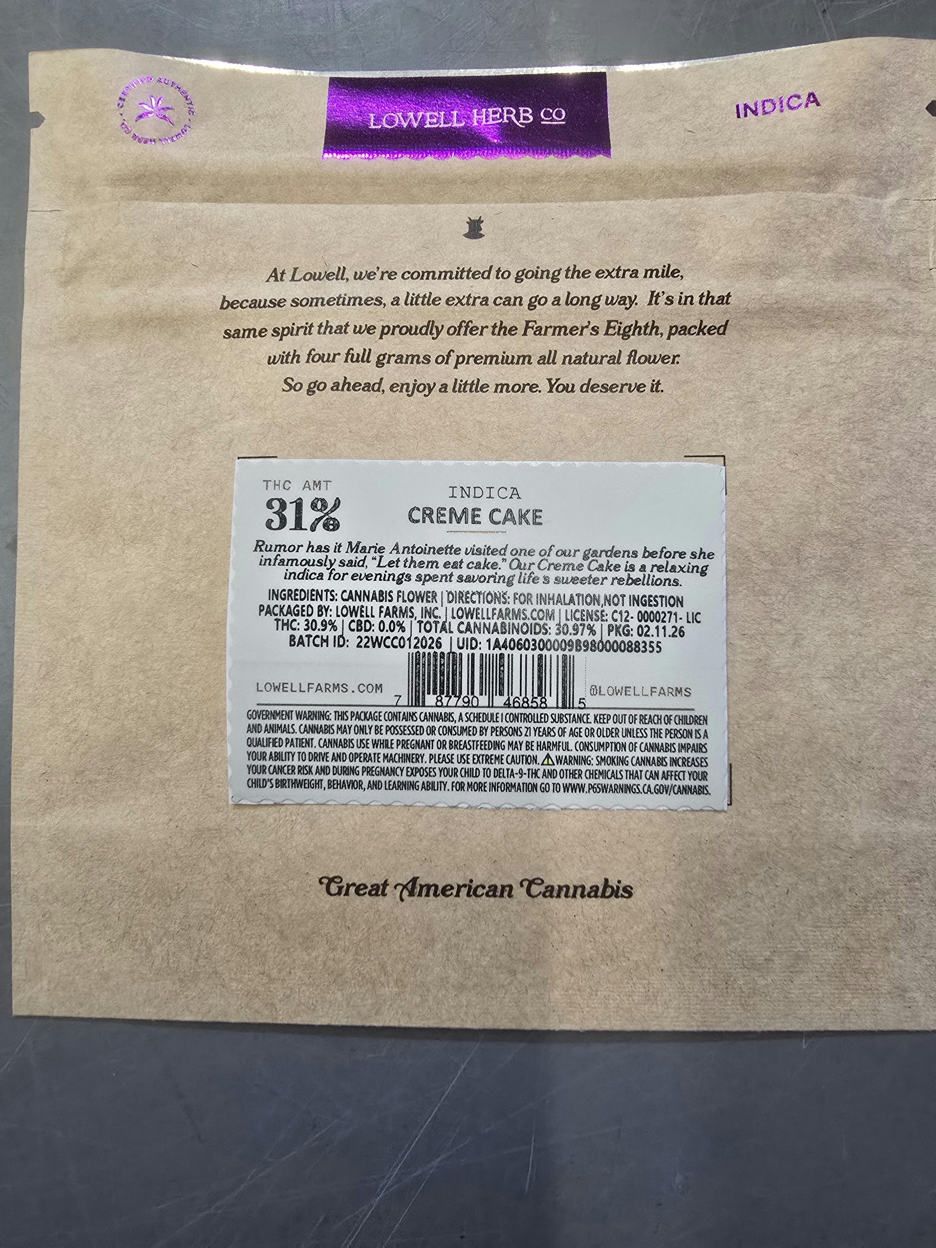 Lowell Herb Co. - LOWELL FARMER'S EIGHTH 4g Creme Cake, Indica - 1