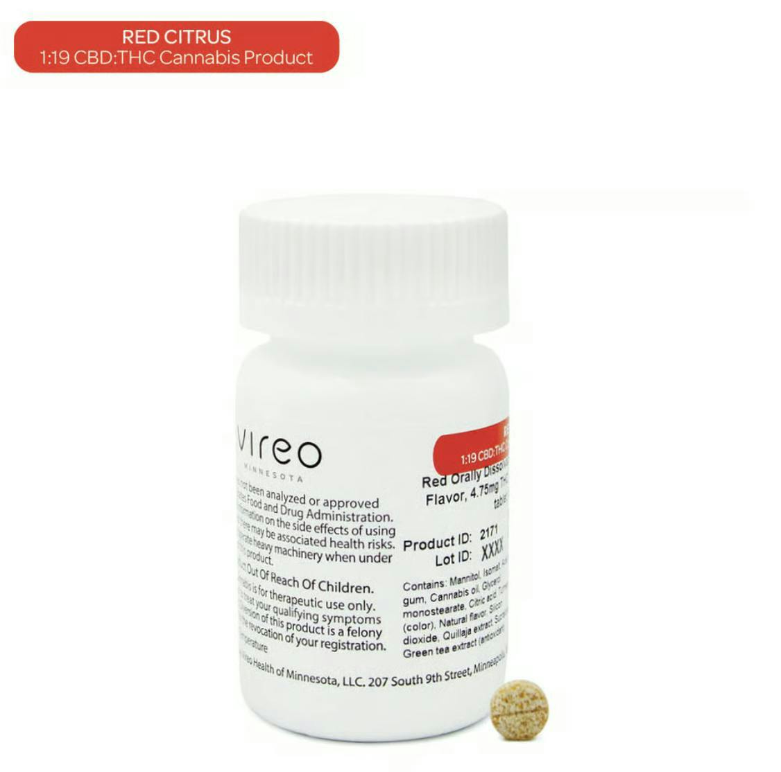 Vireo - Red | Citrus | 19:1 Tablets | THC:CBD 143mg:8mg | 30ct | 4.75mg:0.25mg ea - 1