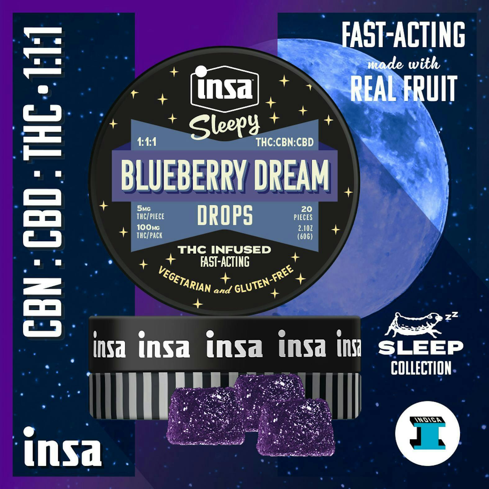 INSA - INSA - Blueberry Dream 1:1:1 (THC:CBN:CBD) - 20pc (100mg) - 1