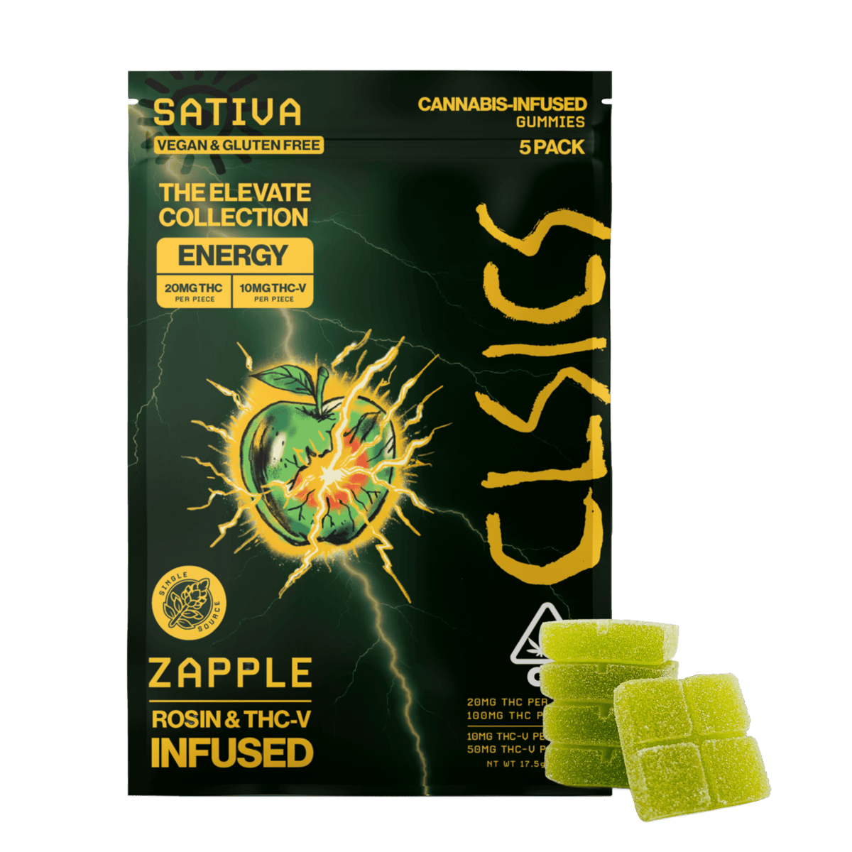 CLSICS Rosin & Rosin Infused Pre Rolls - CLSICS - Zapple THC-V - 2:1 THC:THC-V Live Rosin Infused Gummies - 5ct - 1