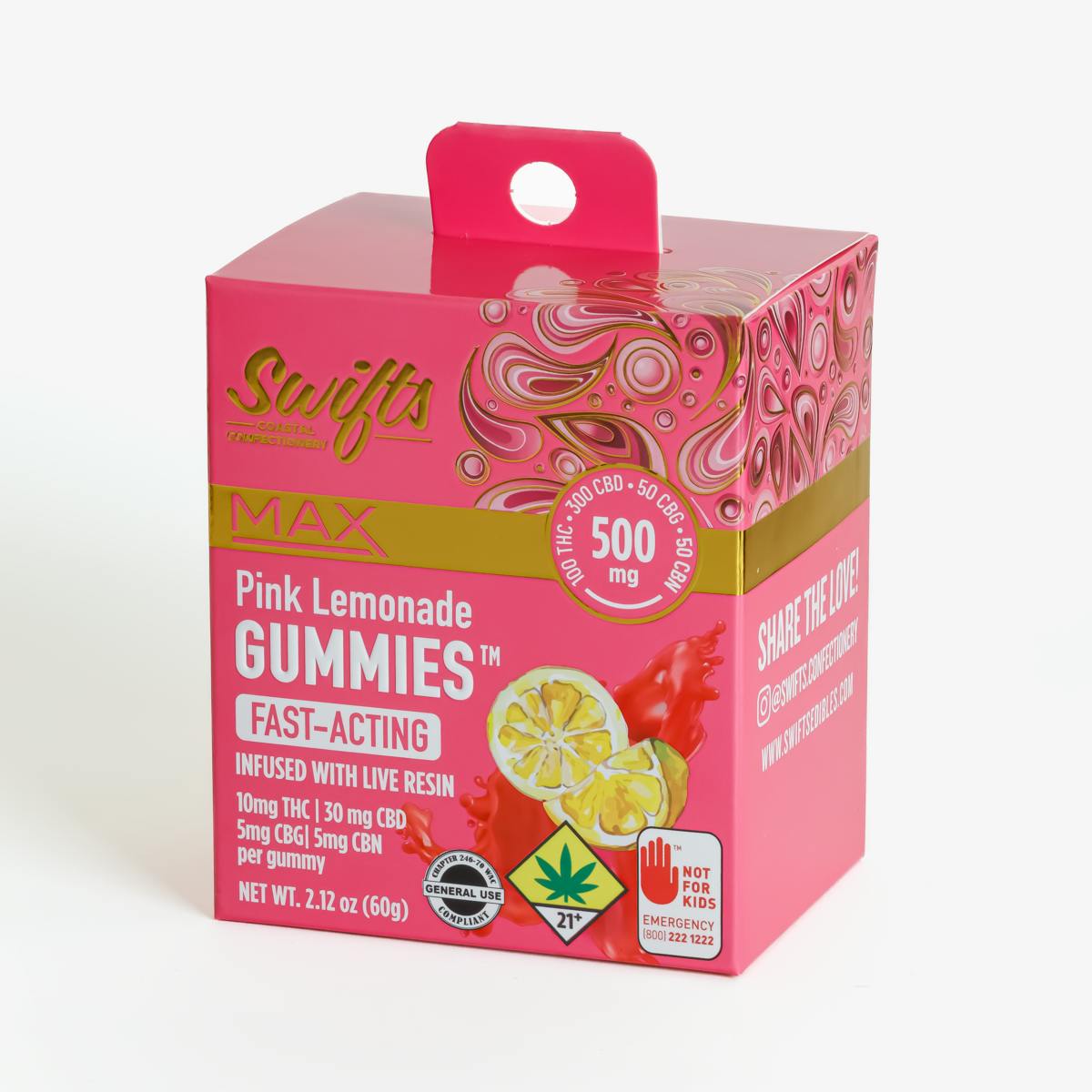 Swifts Edibles - Swifts Pink Lemonade MAX | Live Resin Gummies - 500mg - THC:CBD:CBN:CBG - 1