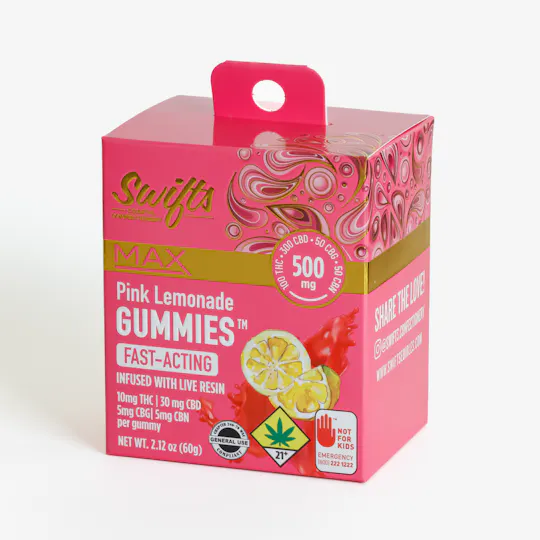 Swifts Edibles - Swifts Pink Lemonade MAX | Live Resin Gummies - 500mg - THC:CBD:CBN:CBG - 1