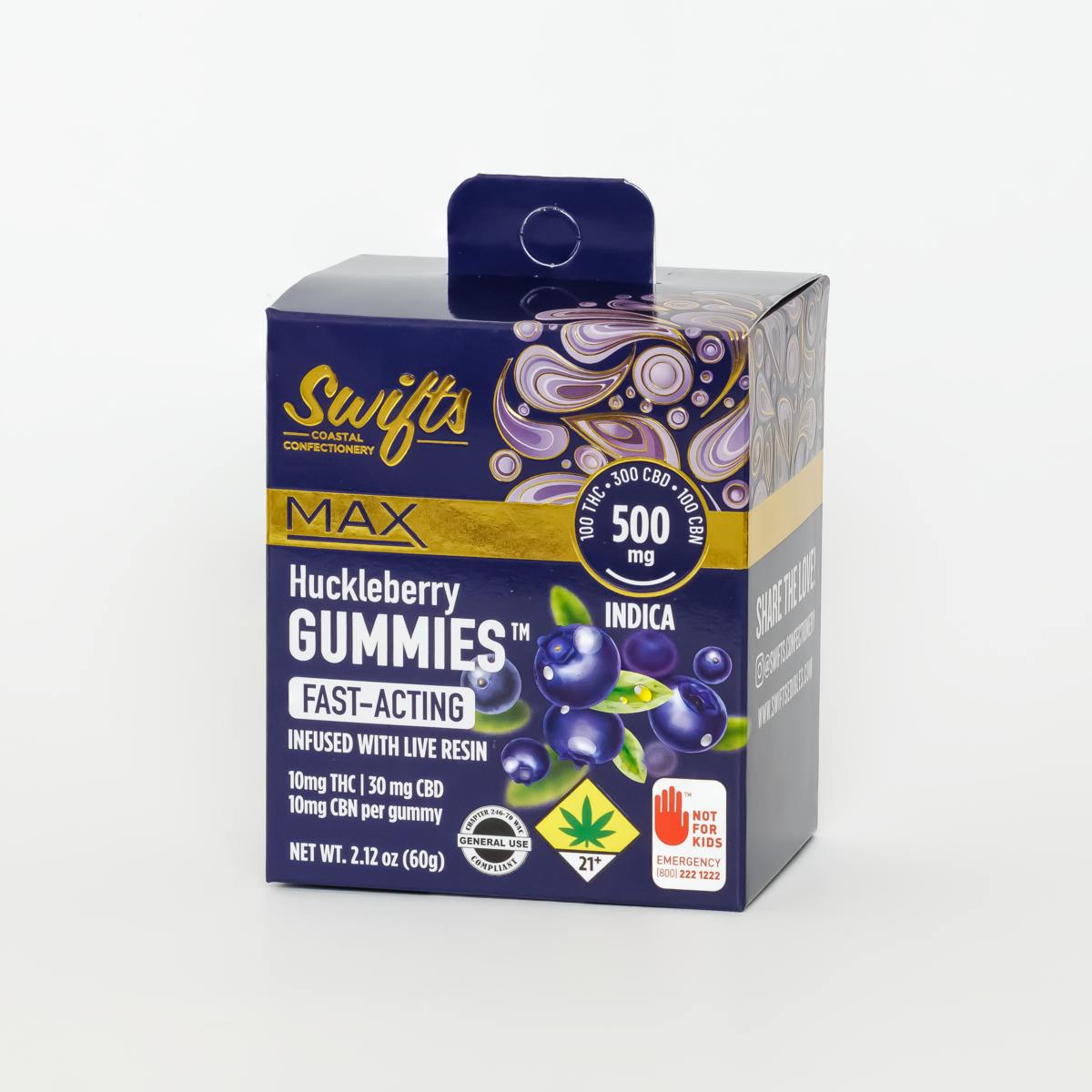 Swifts Edibles - Swifts Huckleberry MAX | Live Resin Gummies - 500mg - THC:CBD:CBN - 1