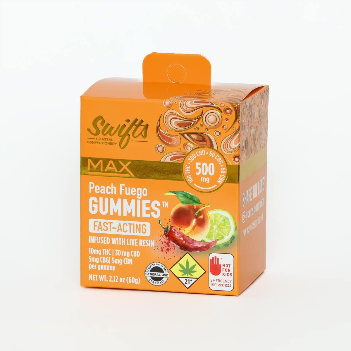 Swifts Edibles - Swifts Peach Fuego MAX | Live Resin Gummies - 500mg - THC:CBD:CBN:CBG - 1