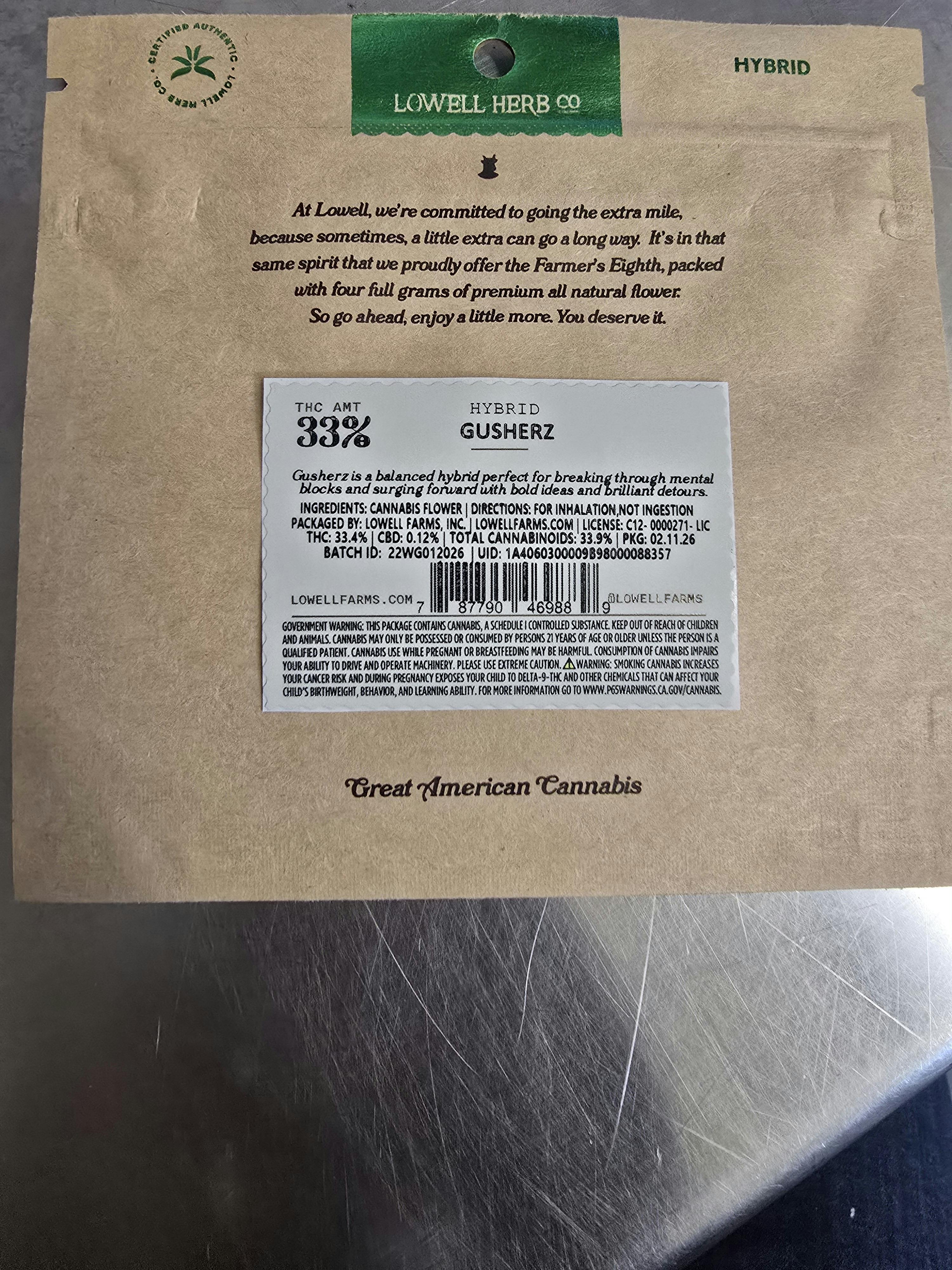 Lowell Herb Co. - LOWELL FARMER'S EIGHTH 4g Gusherz, Hybrid - 1