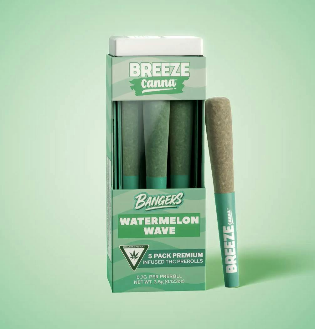 Breeze Canna - BREEZE Canna | Watermelon Wave | Bangers Infused Joints | .7g each | 5pk - 1