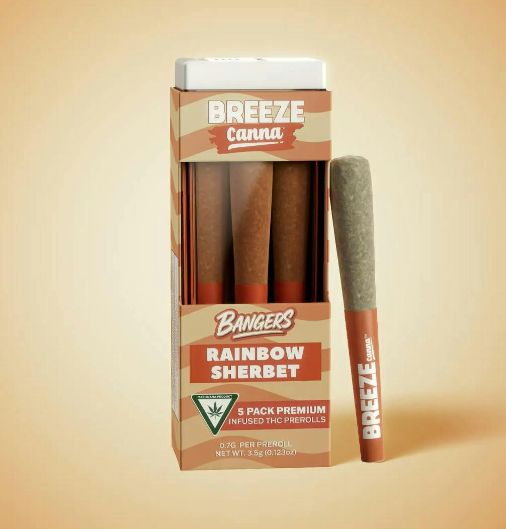 Breeze Canna - BREEZE Canna | Rainbow Sherbet | Bangers Infused Joints | .7g each | 5pk - 1