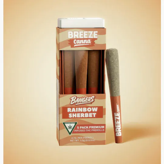 Breeze Canna - BREEZE Canna | Rainbow Sherbet | Bangers Infused Joints | .7g each | 5pk - 1