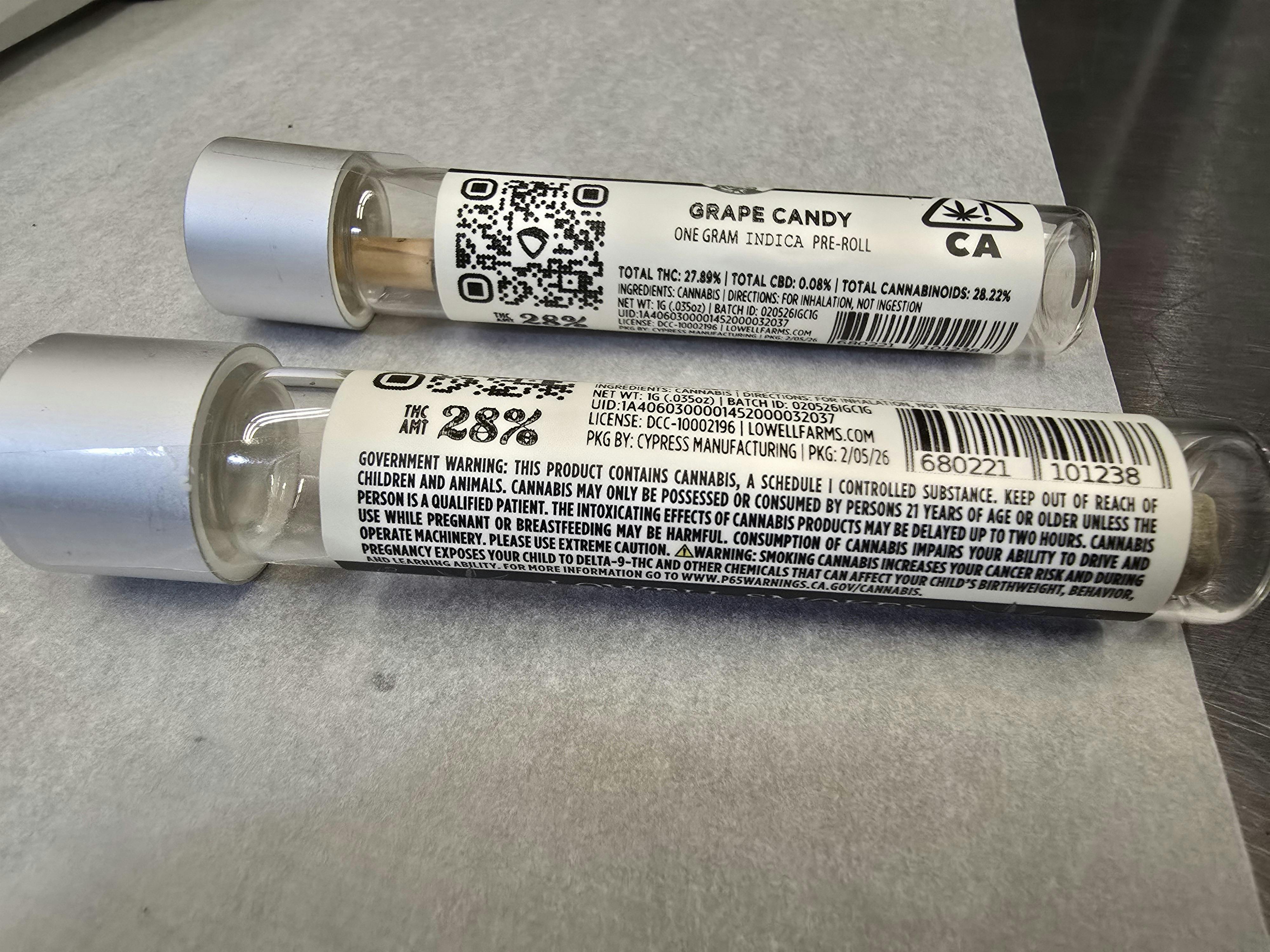 Lowell Herb Co. - LOWELL Single Pre Roll, Indica, Grape Candy, 1G (SS) - 1