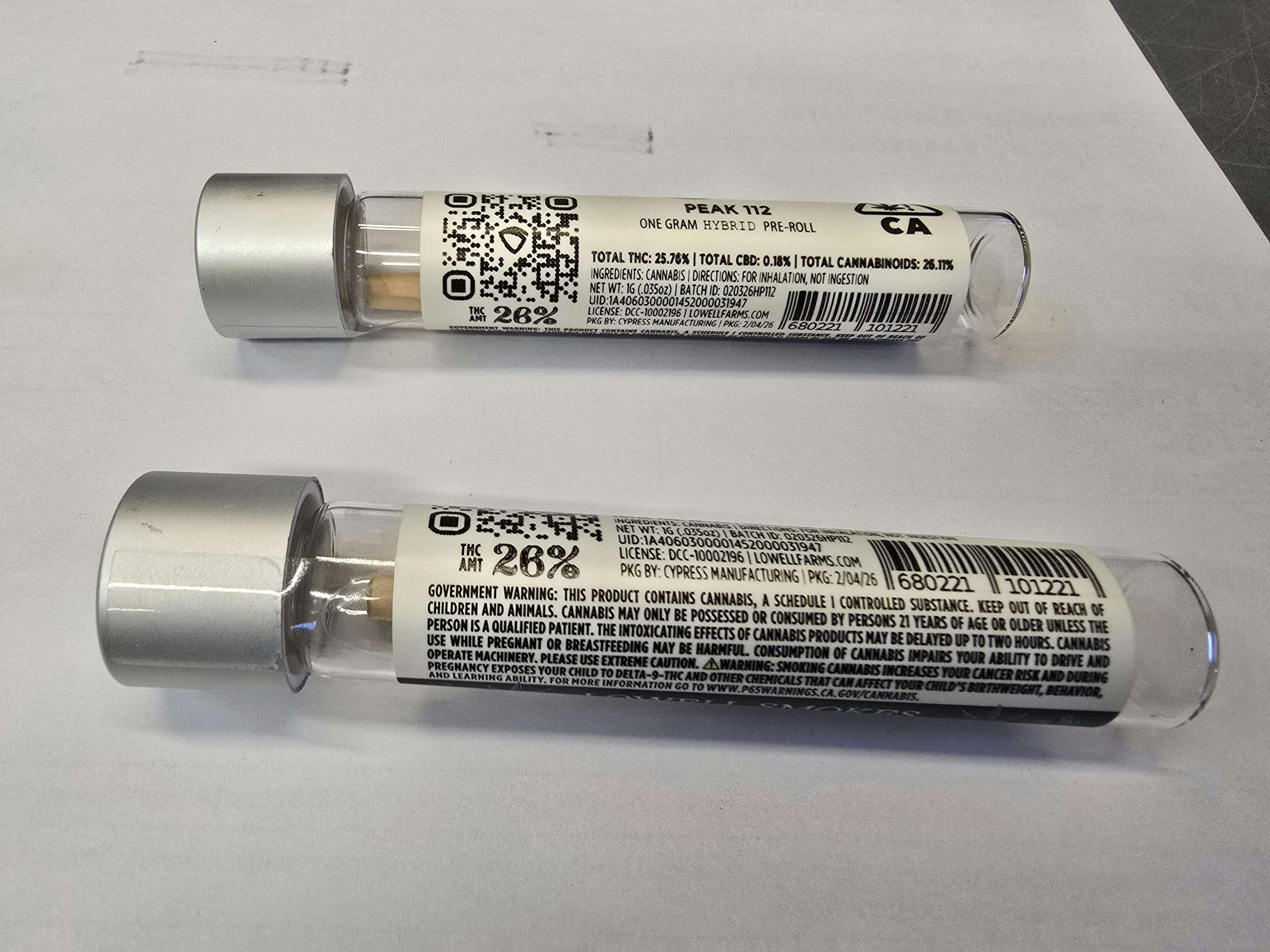 Lowell Herb Co. - LOWELL Single Pre Roll, Hybrid, Peak 112, (SS) 1G - 1