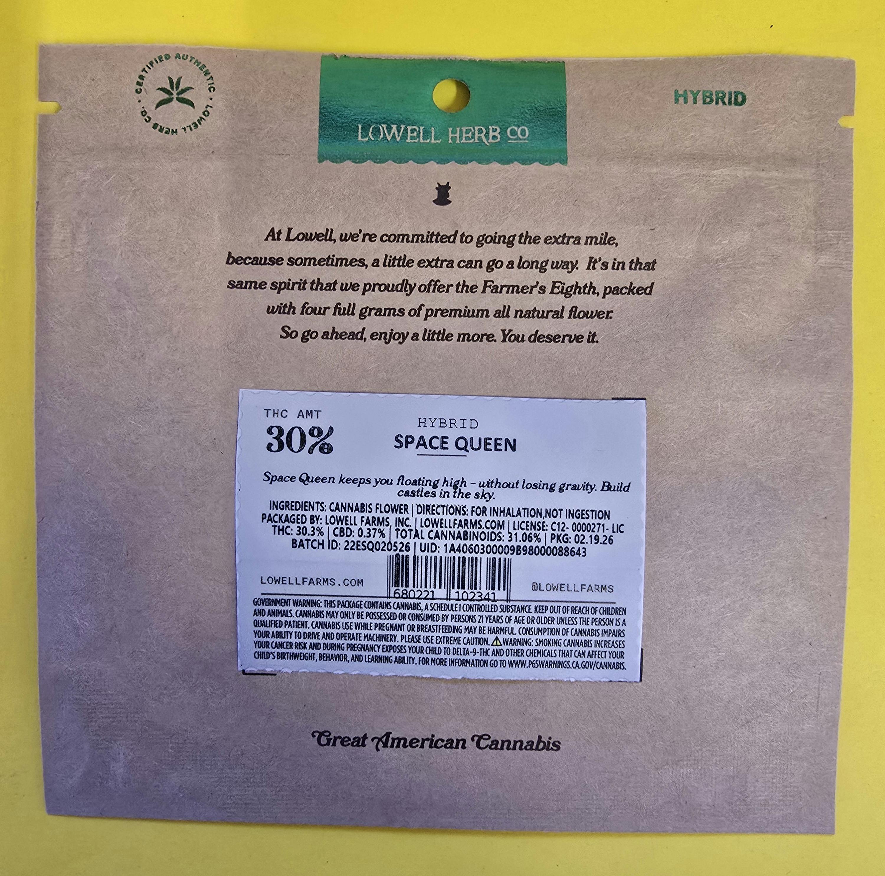 Lowell Herb Co. - LOWELL FARMER'S EIGHTH 4g Space Queen, Hybrid - 1