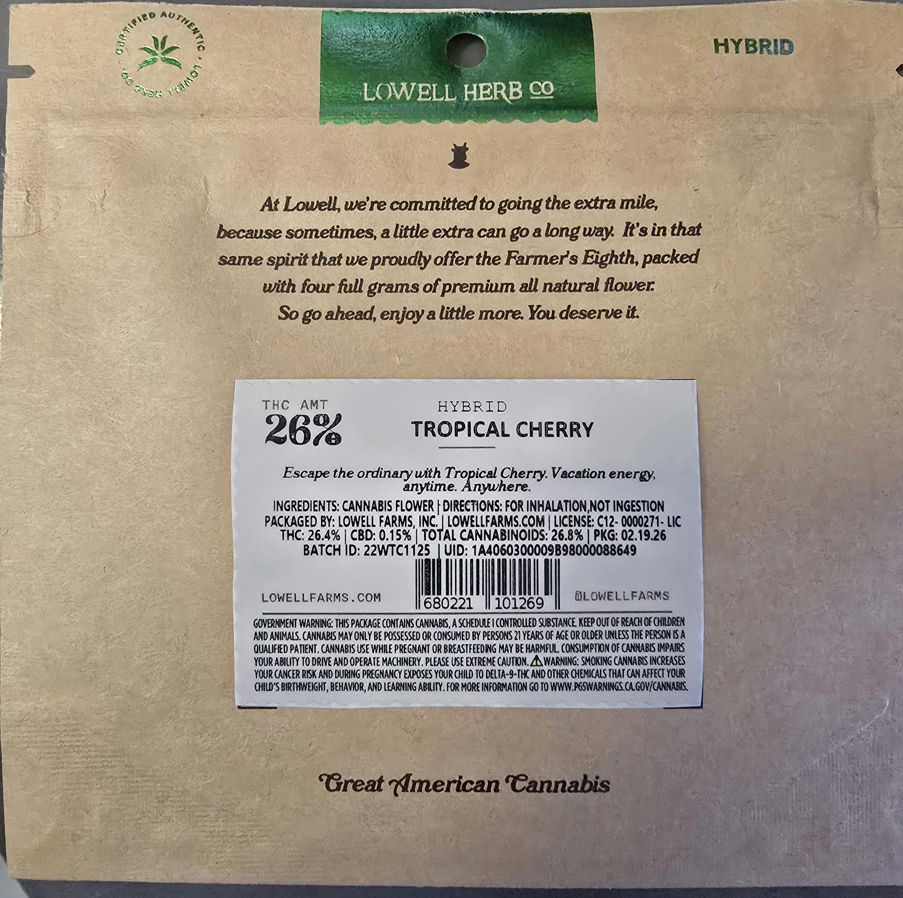 Lowell Herb Co. - LOWELL FARMER'S EIGHTH 4g Tropical Cherry, Hybrid - 1