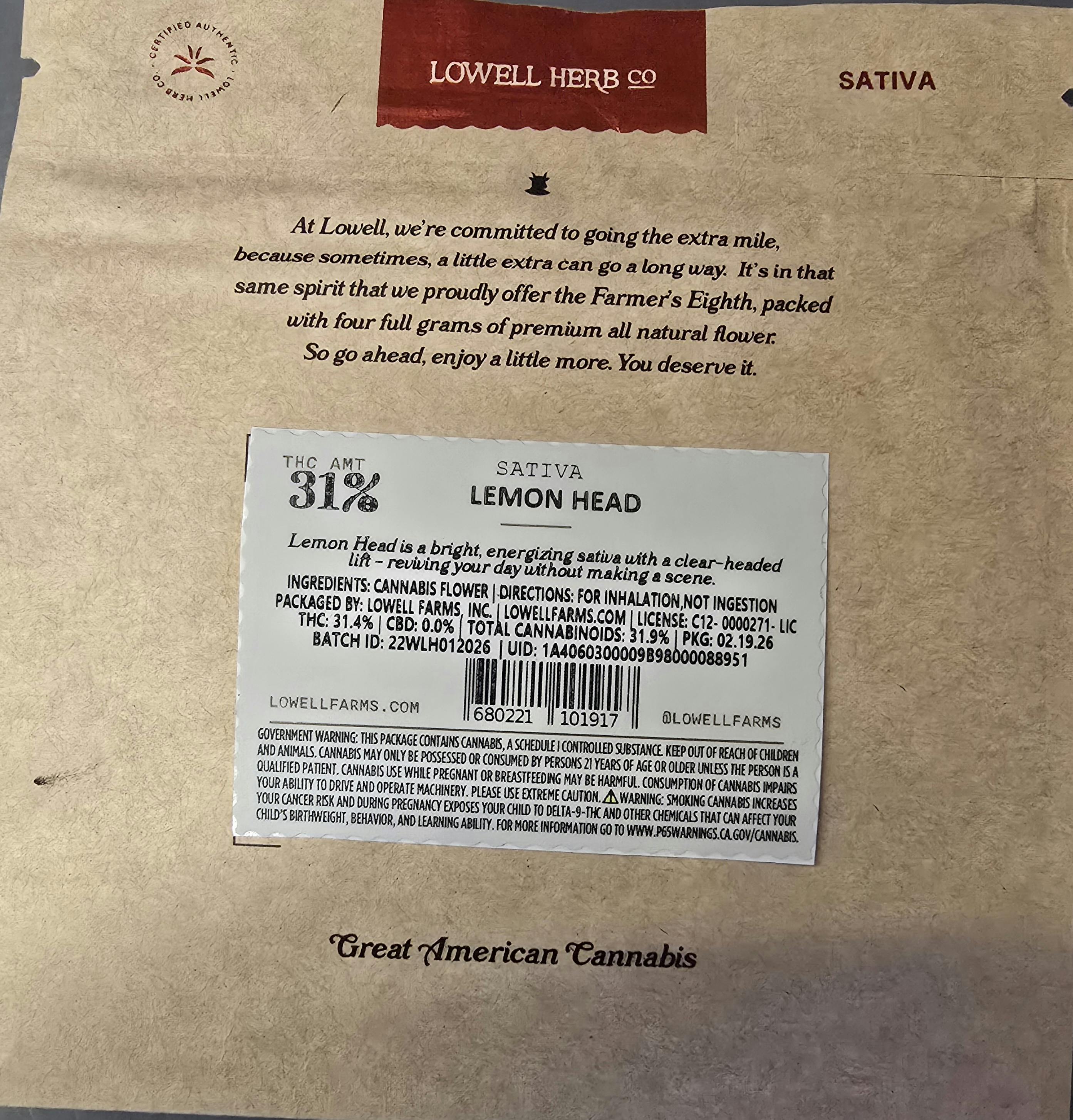 Lowell Herb Co. - LOWELL FARMER'S EIGHTH 4g Lemon Head Sativa - 1