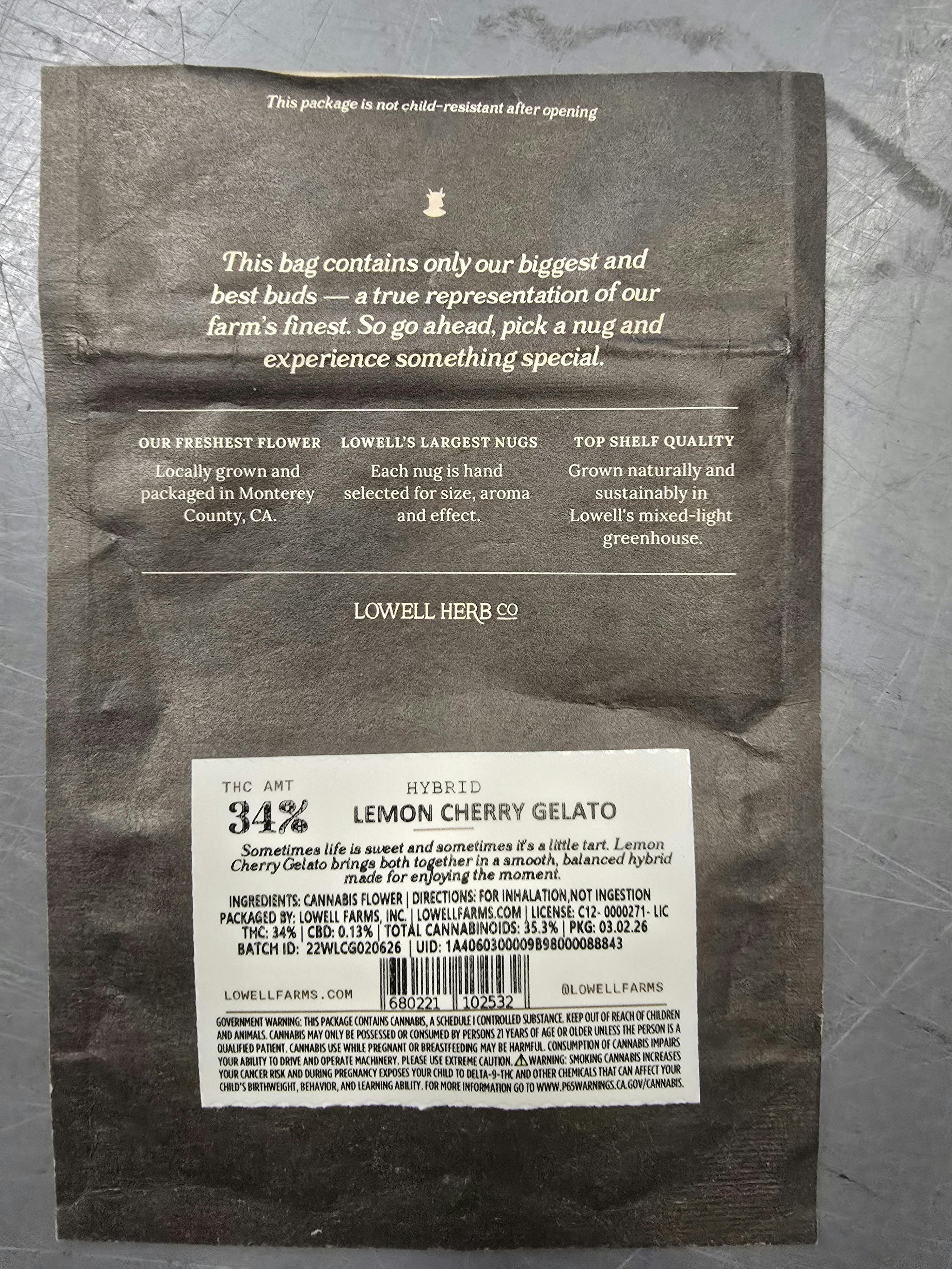 Lowell Farms - LOWELL BIG BUDS 7g Lemon Cherry Gelato, Hybrid - 1