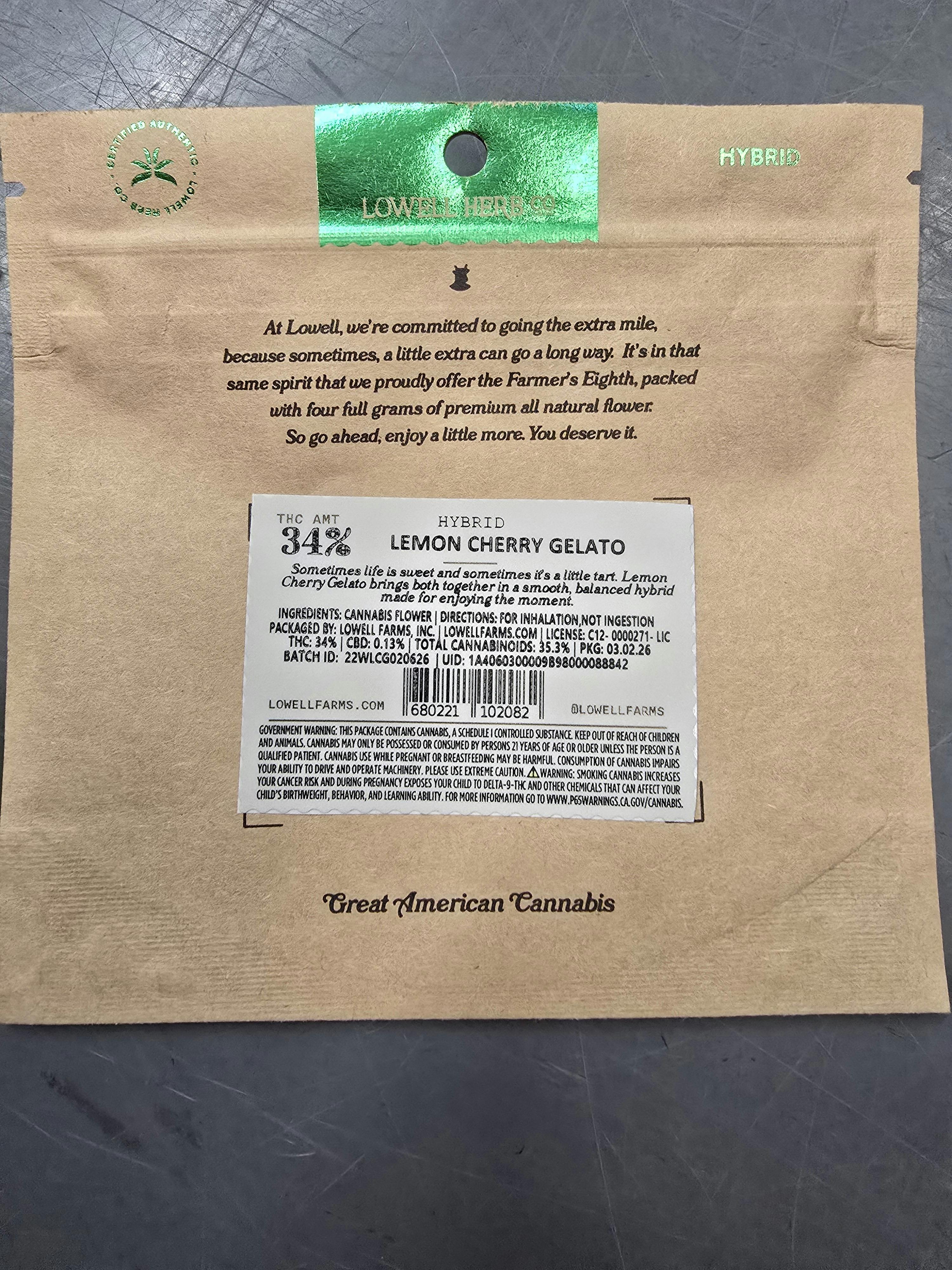 Lowell Farms - LOWELL FARMER'S EIGHTH 4g Lemon Cherry Gelato, Hybrid - 1