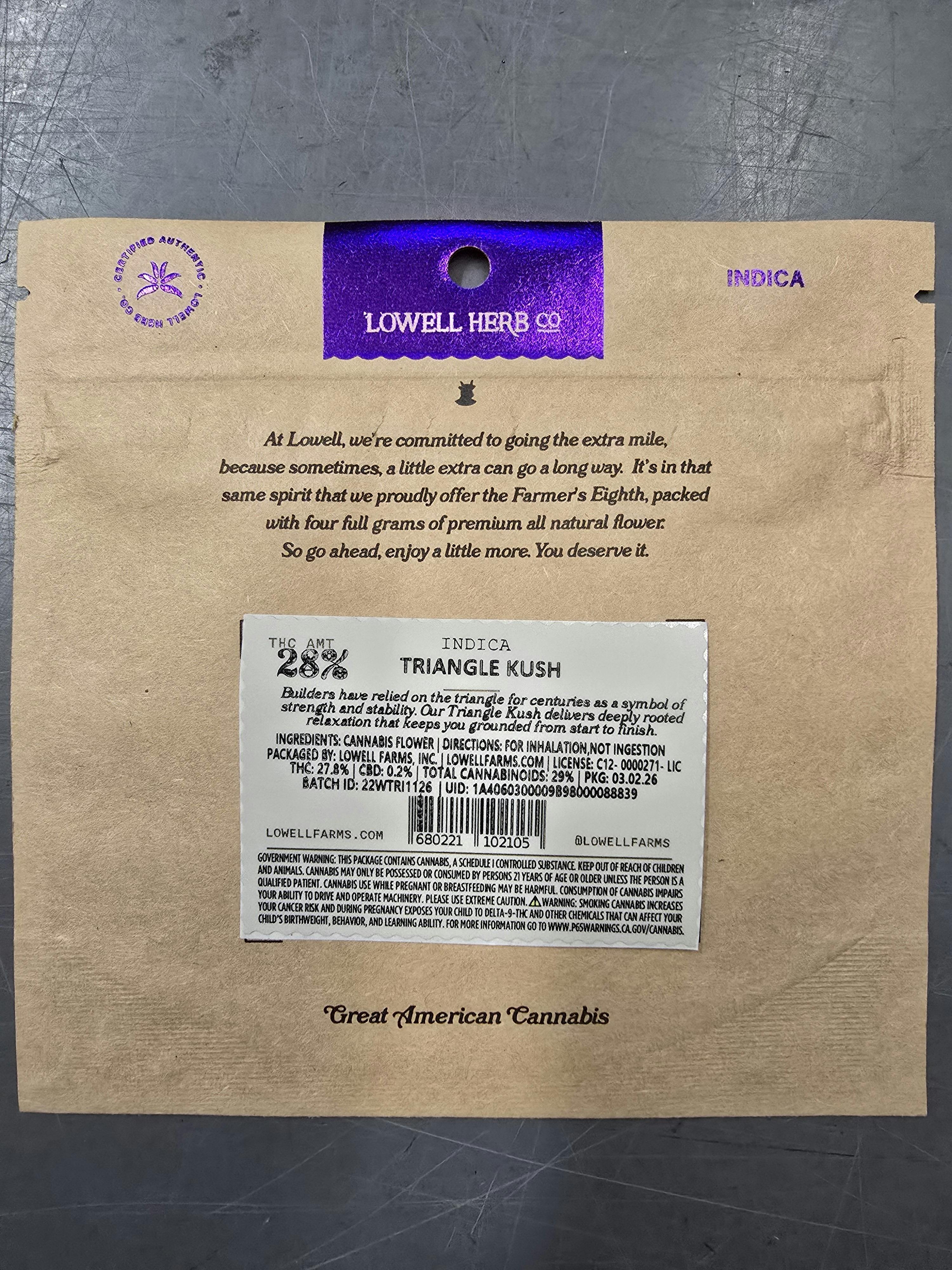 Lowell Farms - LOWELL FARMERS EIGHTH, Triangle Kush, Indica 4G - 1