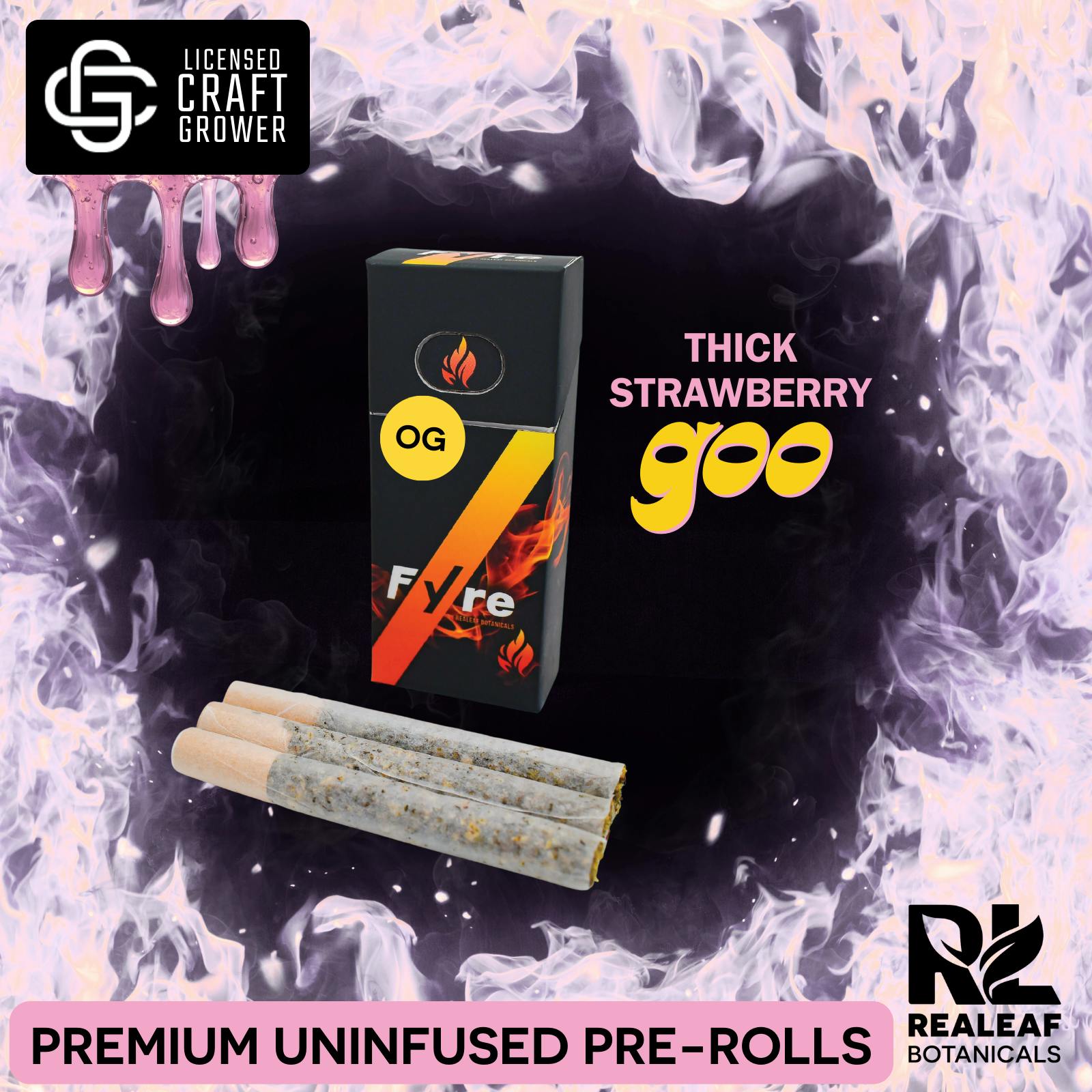 Realeaf Botanicals - Fyre OG Uninfused Thick Strawberry Goo 3-Pack Pre-Rolls 3.0g - 1