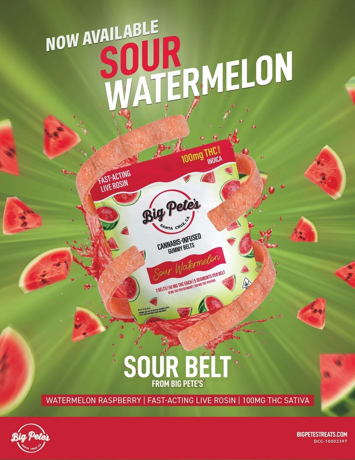Big Pete's Treats - Sour Watermelon Fast-Acting Rosin Gummy Belts - 100mg THC 2pk (Indica) - 1