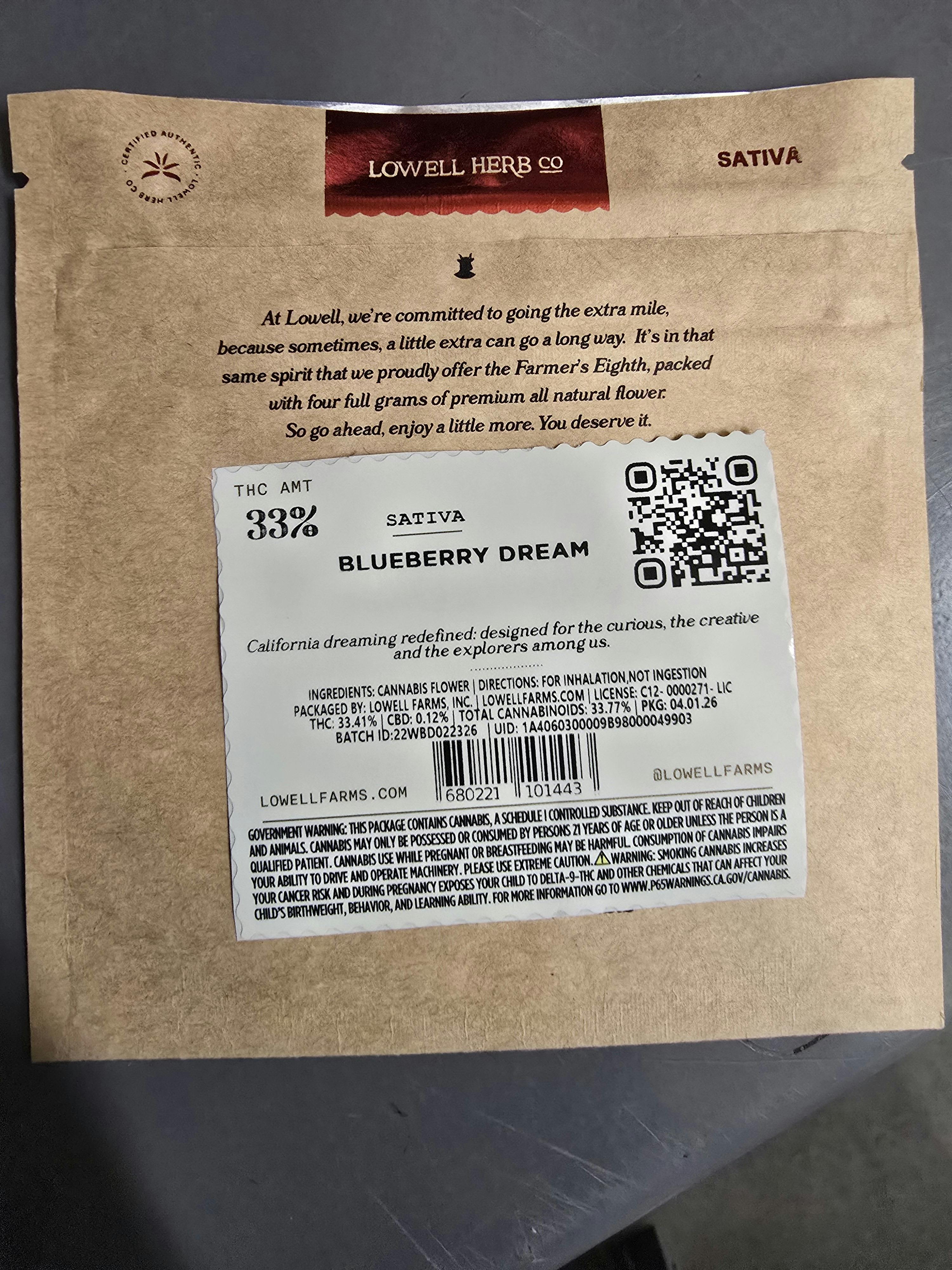 Lowell Farms - LOWELL FARMER'S EIGHTH 4g Blueberry Dream, Sativa - 1