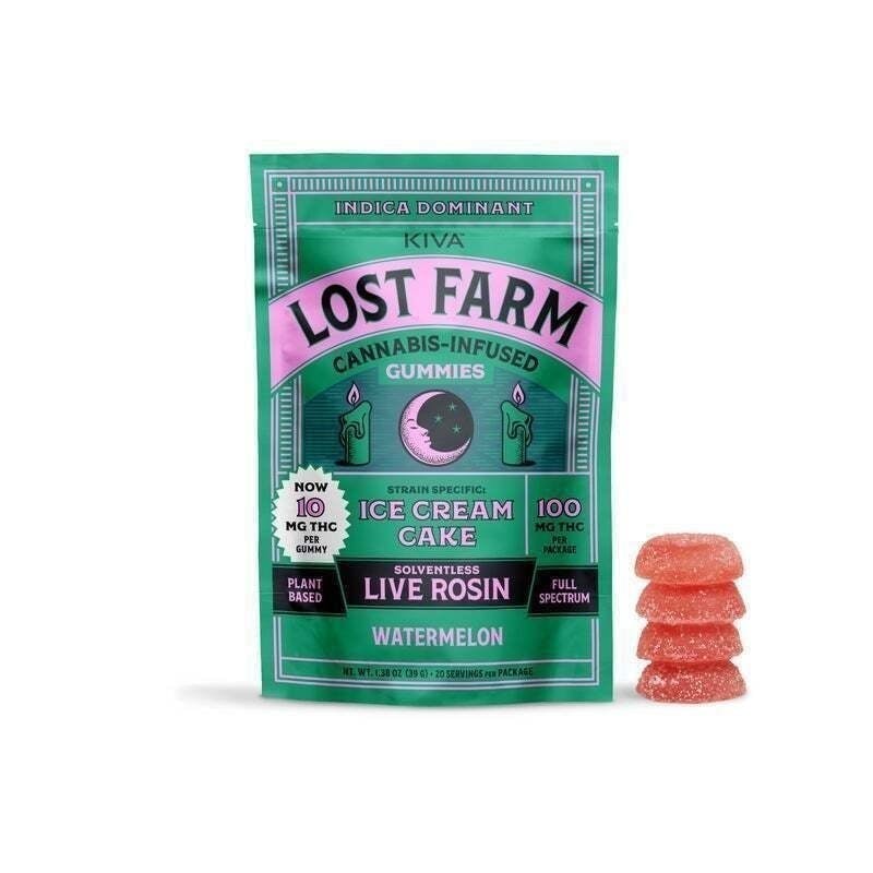 Lost Farm Gummies by Kiva - Watermelon 'Ice Cream Cake' Live Rosin Chews | 100mg | 10ct | 10mg/ea - 1