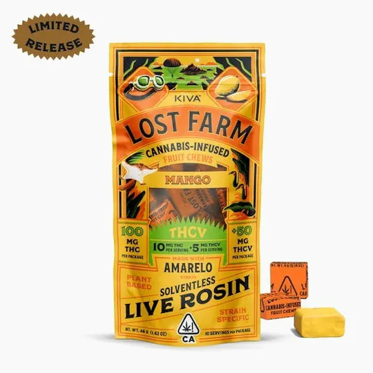 Lost Farm Gummies by Kiva - Mango 'Amarelo' Live Rosin Chews | 100mg:50mg | 10ct | 10mg THC:5mg THCV - 1